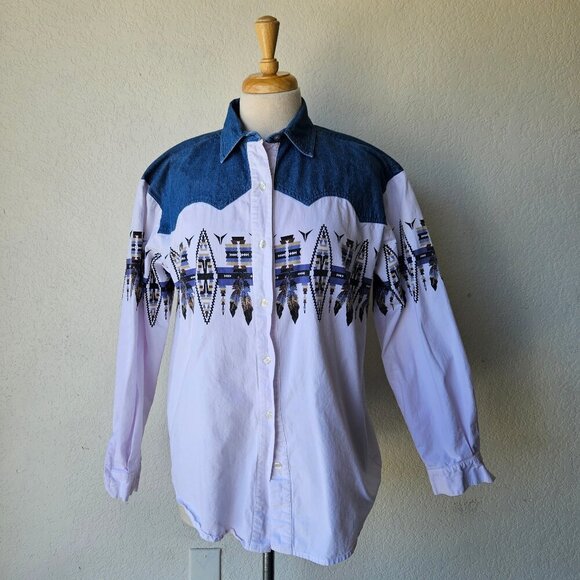 Adobe Rose VIntage 90s Western Two Tone White Blue Aztec Feather Button Shirt M - Picture 1 of 8